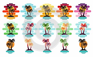 Palm trees with shadow isolated on white. Vector colorful illustration sun sunset collection set design