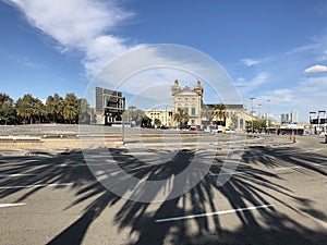 Palm trees shadow at Plaza de les Drassanes roundabout photo