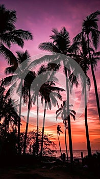 Palm trees silhouette. Clump of palms at sunset in the tropics