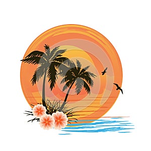Palm trees silhouette flowers on orange sun background