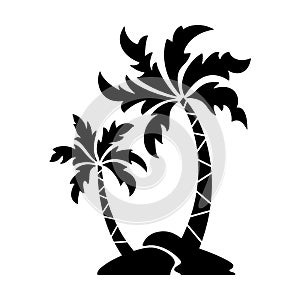 Palm trees silhouette on the island. Black vector illustration isolated on white background.