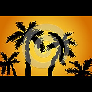 Palm trees silhouette on island. Summer vacation on tropical beach Sunset, sunrise, with Palm trees. Vector