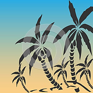 Palm trees silhouette on island. Vector illustration.Tropical exotic plant isolated on background. Modern hipster style apparel, p