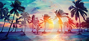 Palm Trees Silhouettes On Tropical Beach At Sunset photo