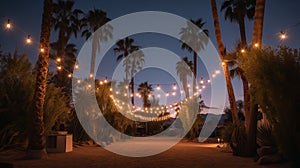 Palm Trees and String Party Lights at Sunset Palm Springs Coachella Valley