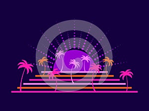 Palm trees in the style of line art in the style of the 80s. Tropical silhouettes of palm trees at sunset, purple and pink colors