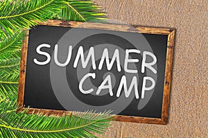 Palm trees and summer camp writen on blackboard photo