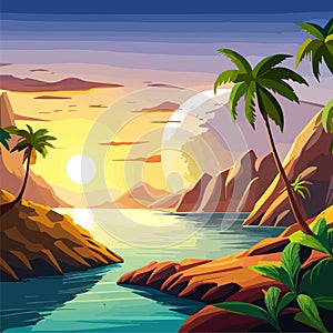 palm trees and sun at sea with mountains background, ocean and beach vector