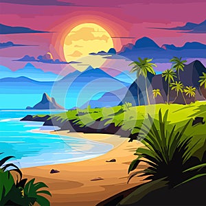 palm trees and sun at sea with mountains background, ocean and beach vector