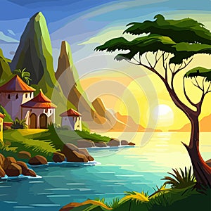 palm trees and sun at sea with mountains background, ocean and beach vector