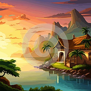 palm trees and sun at sea with mountains background, ocean and beach vector