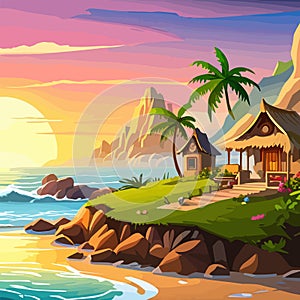 palm trees and sun at sea with mountains background, ocean and beach vector