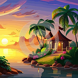 palm trees and sun at sea with mountains background, ocean and beach vector