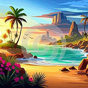 palm trees and sun at sea with mountains background, ocean and beach vector