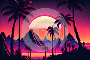 Palm trees and sunset on the background of the sea. Vector illustration.