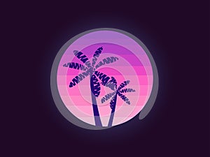 Palm trees on a sunset background in the style of the 90s. Retro poster in purple color, logo. Vector