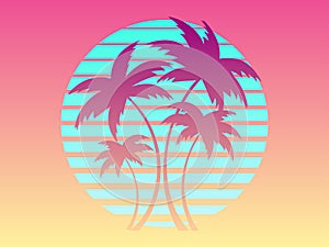 Palm trees at sunset in a futuristic retro style. Summer time. Silhouettes of palm trees against the background of a gradient