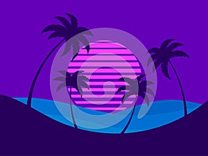 Palm trees at sunset in a futuristic 80s style. Dark silhouettes of palm trees on the seashore and the sun in the style of