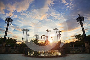 Palm trees in the sunset in Maria Luisa park in Seville, Spain