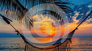 Palm trees sway gently beside a hammock, basking in the warm glow of a tranquil sunset. Ai Generated