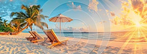 Palm trees sway in the wind as chairs and umbrellas dot the beach at sunset