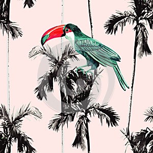 Palm trees and toucan seamless background