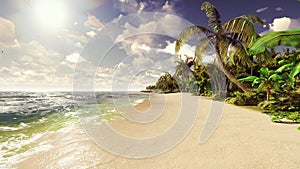 Palm trees on a tropical island with blue ocean and white beach on a Sunny day. 3D Rendering