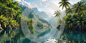 Palm trees and tropical lake, panoramic seascape