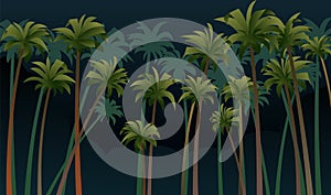 Palm trees. Tropical rainforest landscape. Overgrown jungle. Southern nature. Dark night twilight. Cartoon fun style