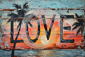 Palm Trees Tropical Sunrise Love Street Art Mural, Valentines Day Card Artwork, Weathered Outdoor Painting, Romantic Words