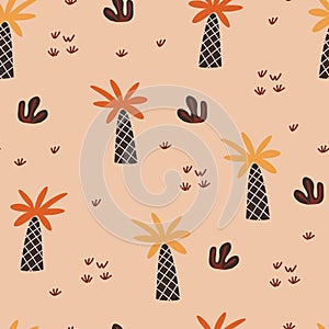 Palm trees vector cartoon seamless pattern. Tropical background with hand drawn arecaceae plants.