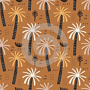 Palm trees vector seamless pattern. Tropical background with hand drawn arecaceae plants