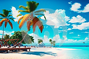 Palm trees and villas on a white beach with a bright blue sky. Idyllic tropical seascape. Paradise beach. Generative AI
