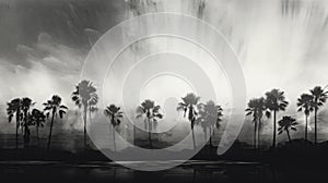 Palm Trees In Water: A Black And White Spray Painted Realism