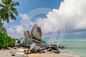 Palm trees, white sand and turquoise sea at Fairyland Beach, Seychelles Africa. photo