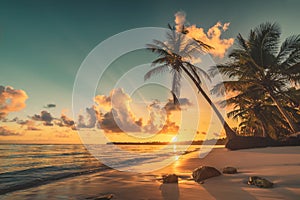 Tropical beach in Punta Cana, Dominican Republic. Sunrise over exotic island in the ocean.