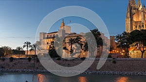 Palma de Mallorca Cathedral Royal Palace of La Almudaina sunset time lapse