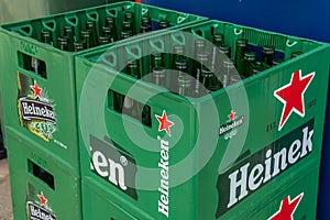 Boxes with empty glass beer bottles