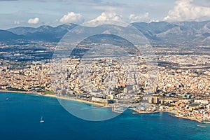 Palma de Mallorca town with Mediterranean Sea travel traveling holidays vacation aerial view in Spain