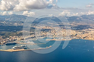 Palma de Mallorca town with Mediterranean Sea travel traveling holidays vacation aerial view in Spain