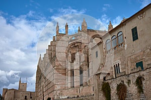 Palma, Mallorca, Balearic Islands, Spain. February 10, 2024 - Large Gothic church on the seashore in Palma de Mallorca