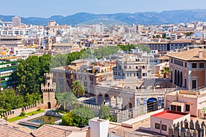 View over the rooftops of Palma and Tramuntana mountains from the terrace of the Cathedral of Santa Maria of Palma, also known a