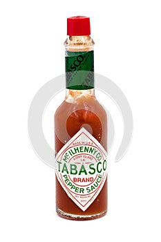 Bottle of Tabasco hot pepper sauce isolated on white background