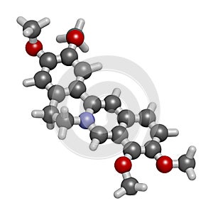 Palmatine herbal alkaloid molecule. 3D rendering. Atoms are represented as spheres with conventional color coding: hydrogen white