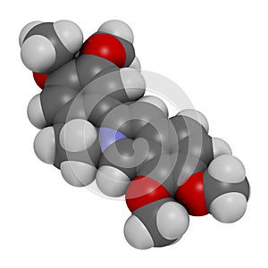 Palmatine herbal alkaloid molecule. 3D rendering. Atoms are represented as spheres with conventional color coding: hydrogen white