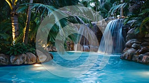 A palmfringed pool fed by a majestic waterfall creates a serene and idyllic spot to take in the tropical twilight. .