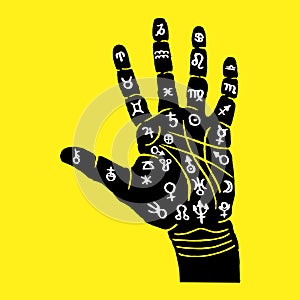 Palmistry. Black hand with lines and symbols on a yellow background.