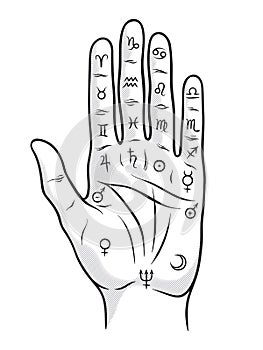 Palmistry or chiromancy hand with signs of the planets and zodiac signs black and white hand drawn design isolated vector illustra