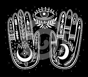 Palmistry of the hand, black and white drawing in a circle on a black background