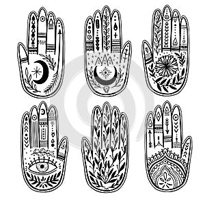Palmistry of the hand set, black and white drawing in a circle on a white background
